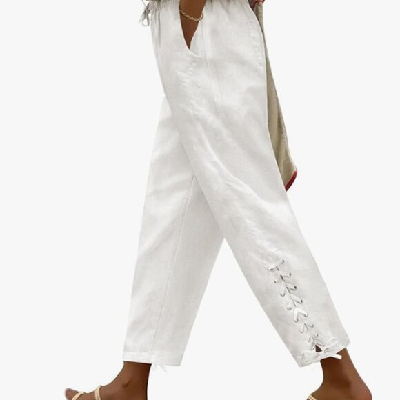 Cream Stretch Waist Capris with Lace-Up Leg detail - Picture 1 of 8